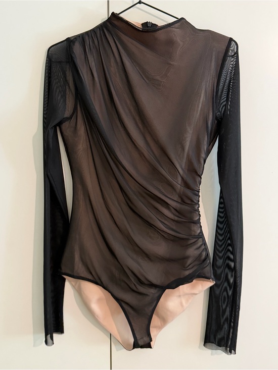 Zara Tops - NWOT Zara Black Sheer illusion Long-Sleeve Ruched Bodysuit -small